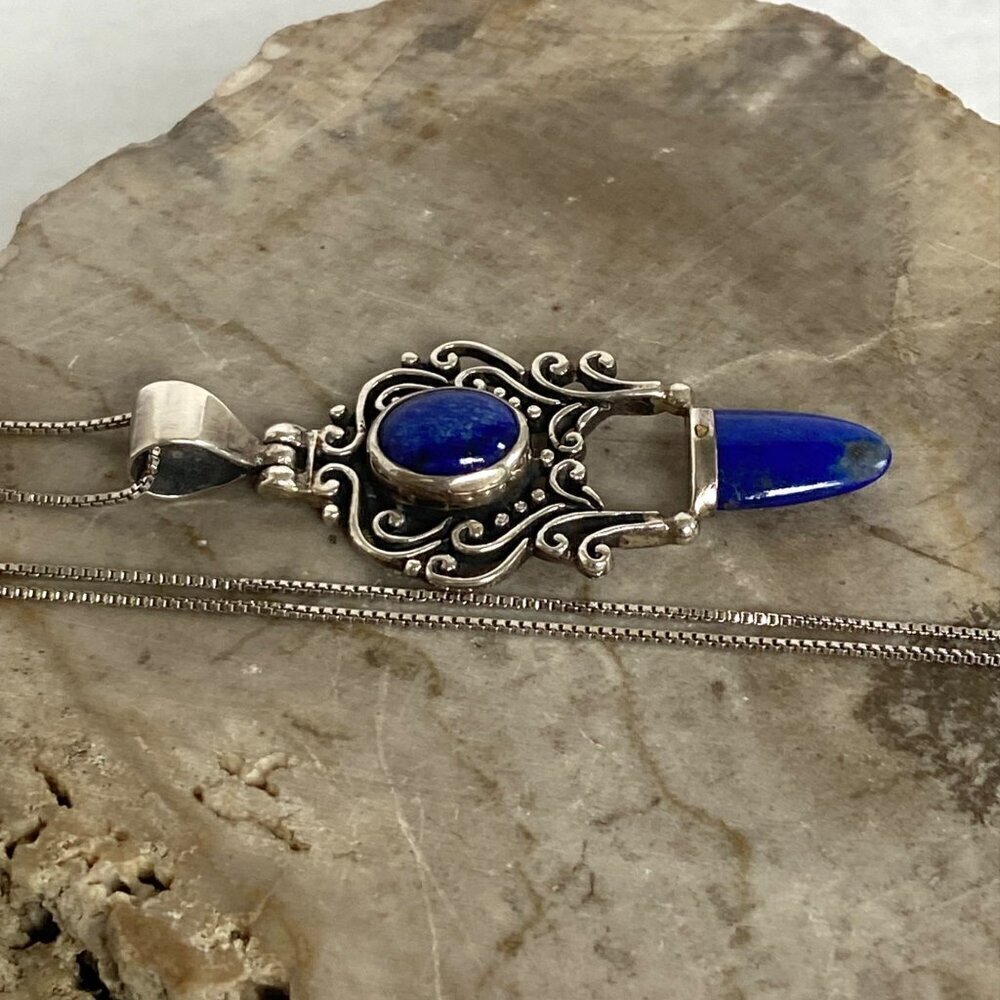 Sterling Silver 925 Lapis Lazuli Scrollwork 2 Stone Pendant Necklace 18" Chain - Picture 7 of 16